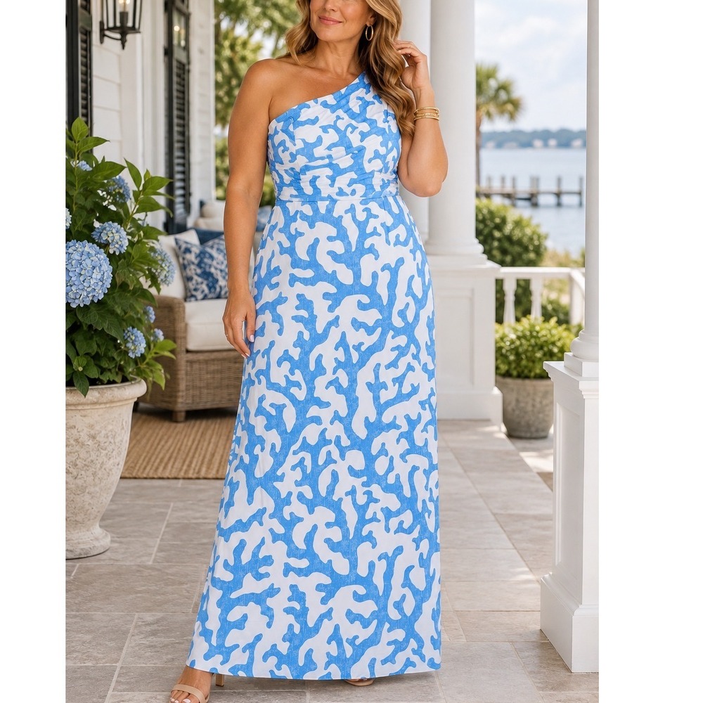 Womens XL J. McLaughlin Maxi Dress Blue White Coral One Shoulder Coastal Resort